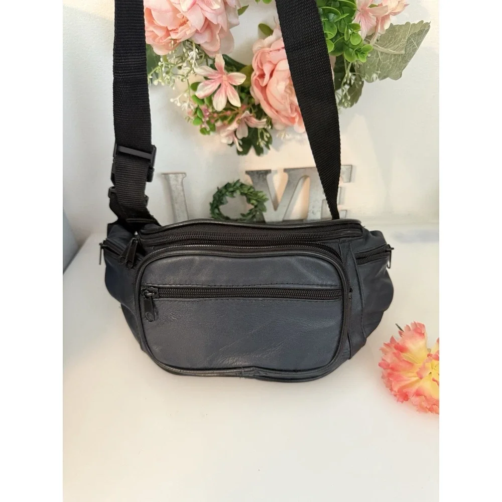 Vintage 1980s Fanny Pack‎ Black Multi Pocket Leather Zipper Waist Pack Utility
